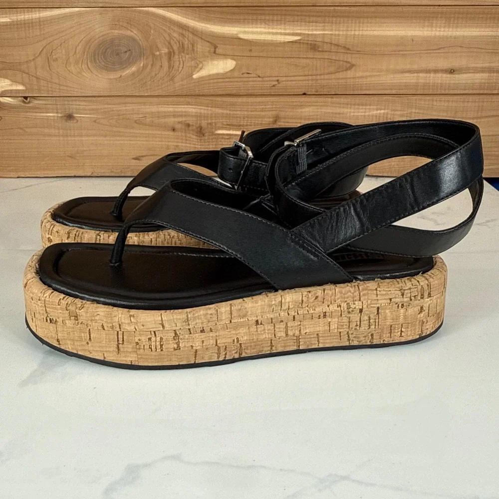 Schutz Tessie Black Leather Cork Platform Thong Sandals Womens 7B Ankle Strap